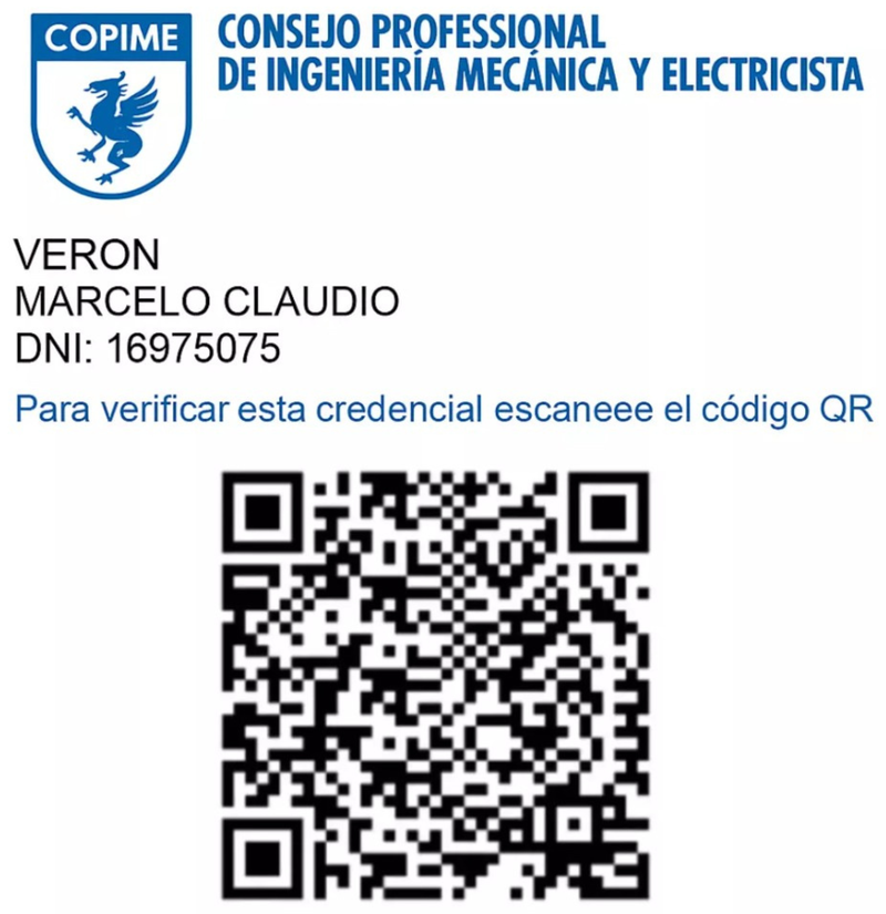 Credencial COPIME de Marcelo Claudio Verón, electricista matriculado