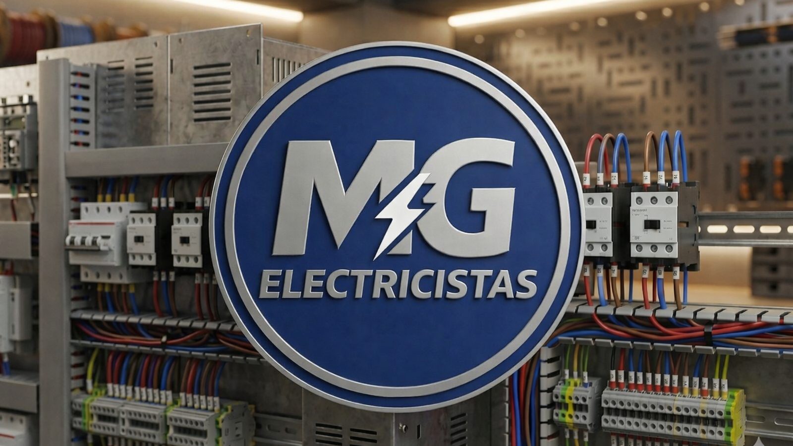 Logo MG Electricistas en tablero eléctrico